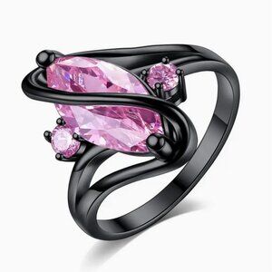 NWT Gorgeous & Swirly Smoky Black & PINK Swirl Ring Size 7 Marquis Cut